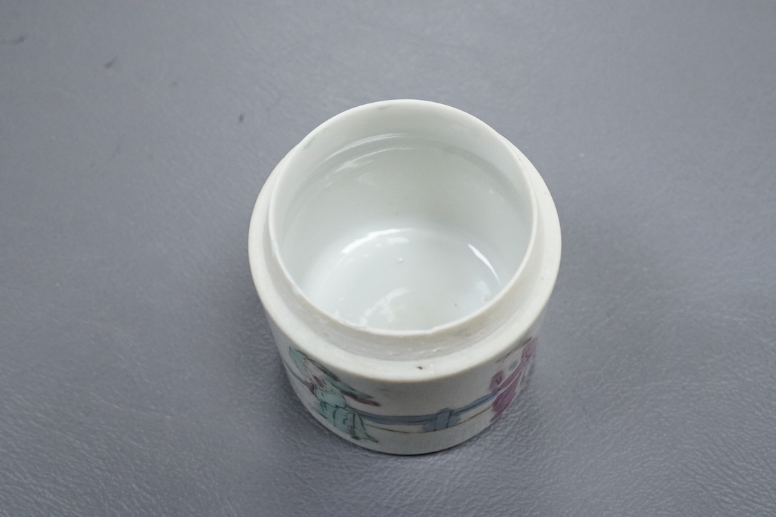 A 19th century Chinese famille rose brushpot, 22cm high, and a small pot (without cover)